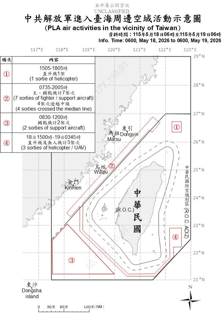 國防部19日上午公布共機艦動態，統計自18日上午6時起至19日上午6時止，偵獲5艘共艦、2艘公務船及13架次共機。(圖:國防部)