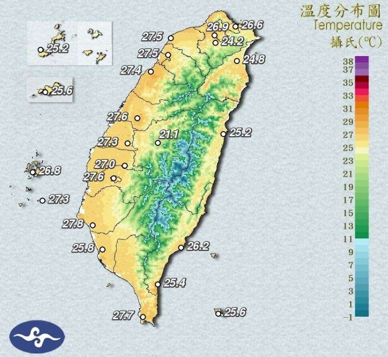 交通部中央氣象署指出，25日持續受太平洋高壓影響，台灣各地晴到多雲，午後僅宜蘭地區及花蓮山區有零星短暫雷陣雨；各地持續高溫炎熱。(圖:交通部中央氣象署)