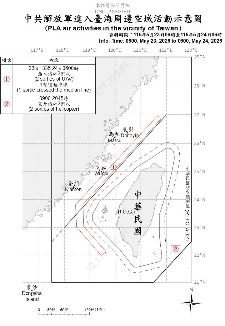 國防部今天(24日)公布自昨天上午6時起至今天上午6時止，共軍在台海周邊活動情況。(國防部提供)