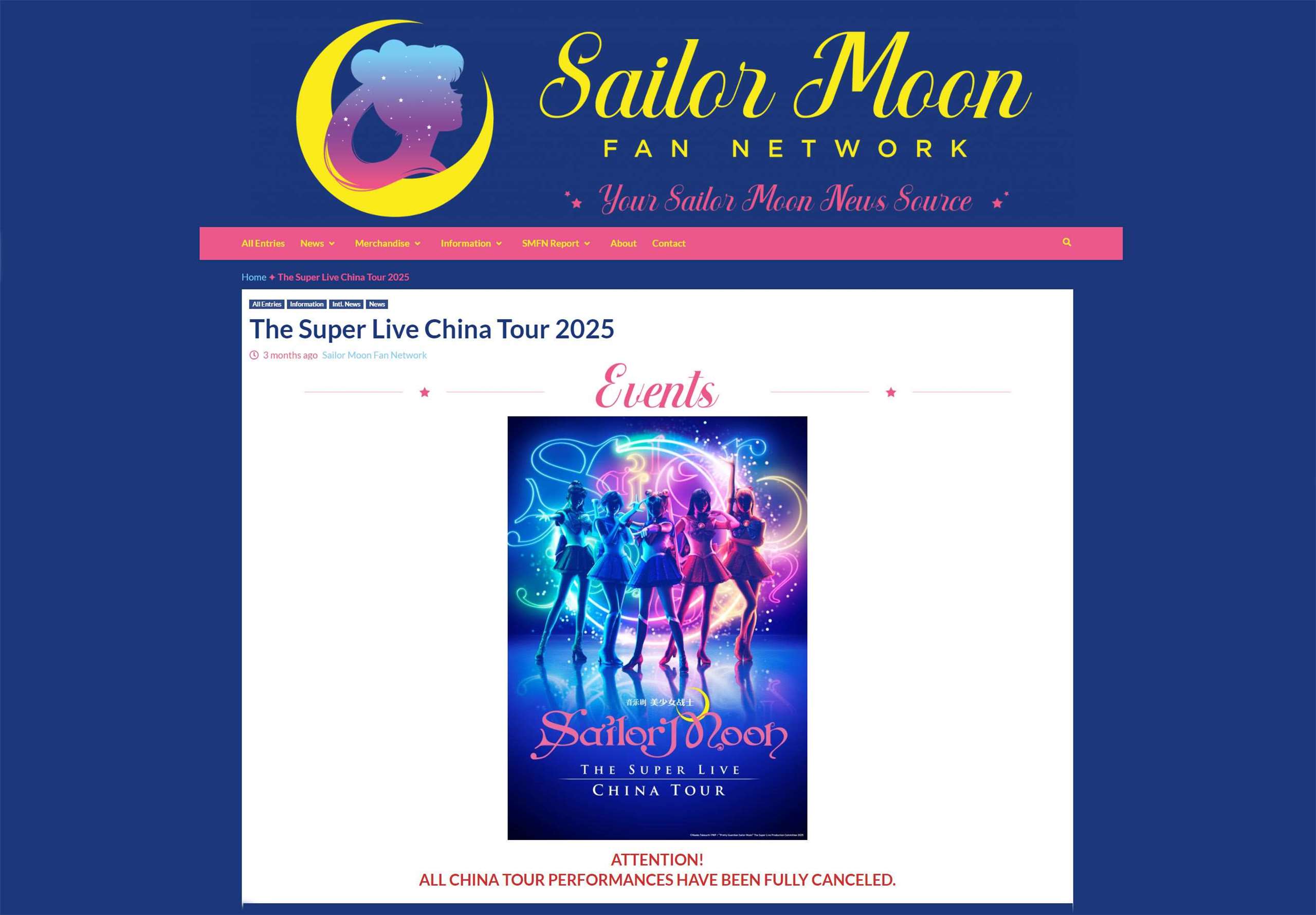 中日關係緊張嚴重影響各層面交流，日本音樂劇「美少女戰士Sailor Moon」近期在中國的演出全部取消，原因為「不可抗力」。(翻攝主辦單位官網)