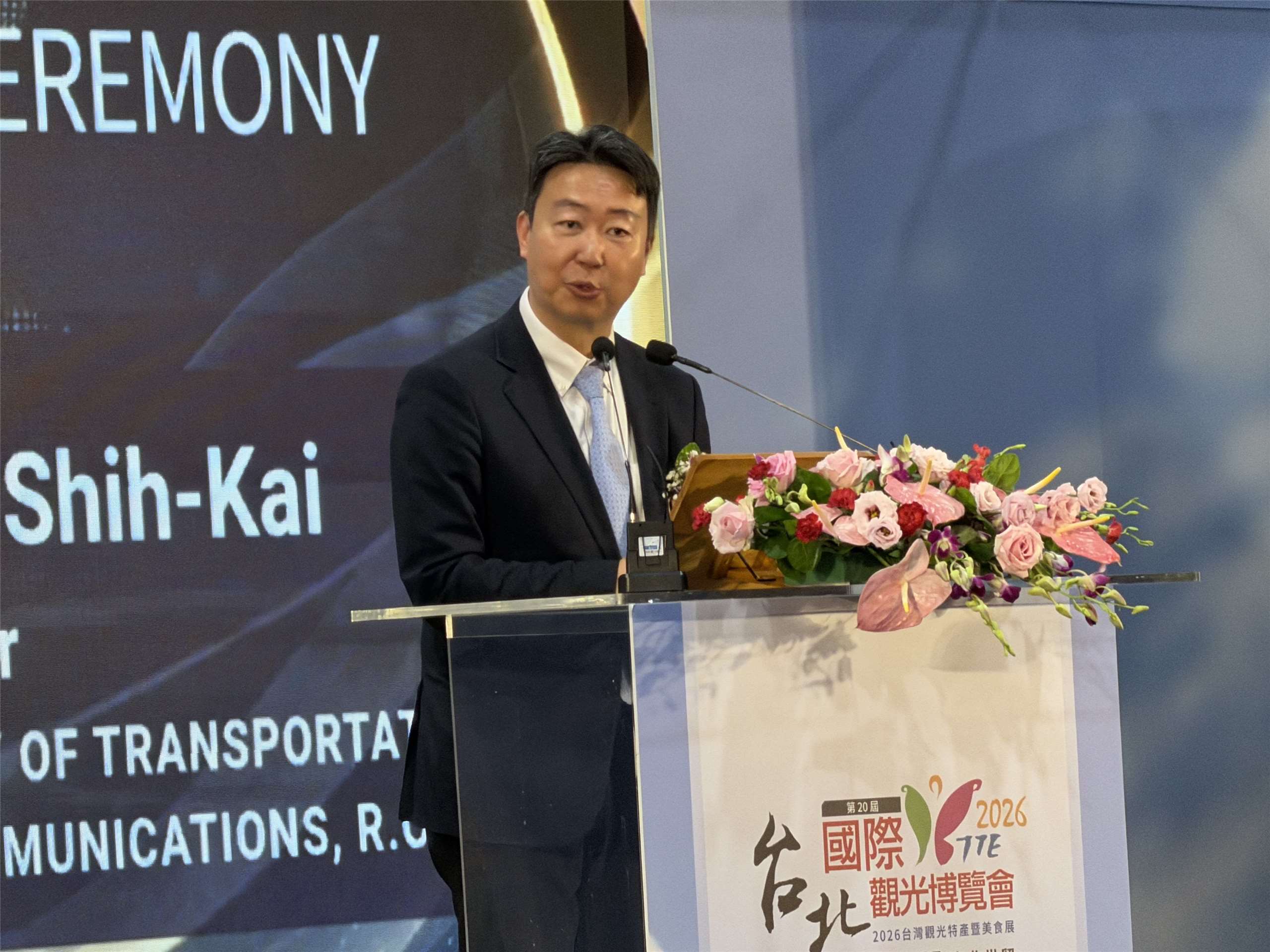 交通部長陳世凱22日在「2026台北國際觀光博覽會(TTE)」開幕典禮上致詞。 (吳琍君攝)