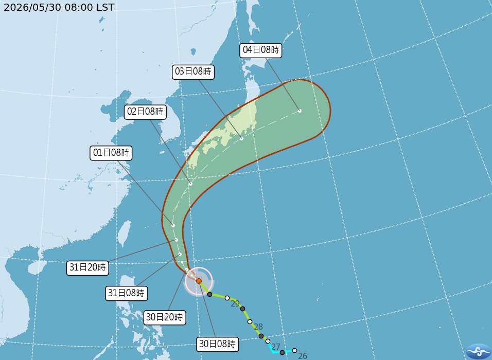 今年第六號颱風薔蜜的暴風圈，可能在6月1日到2日左右接近日本沖繩地區與奄美地區。 (圖:中央氣象署)