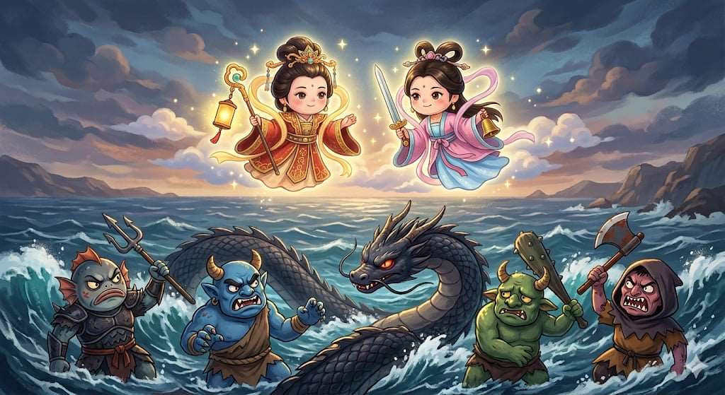 AI生成蔡媽娘娘和臨水夫人守護海上的圖片