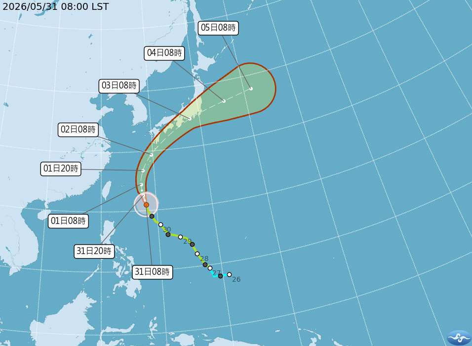 颱風薔蜜已於今天上午8時增強為中度颱風，其中心位置在那霸南方580公里處，以每小時15轉19公里速度，向北北西轉北進行。(氣象署官網)