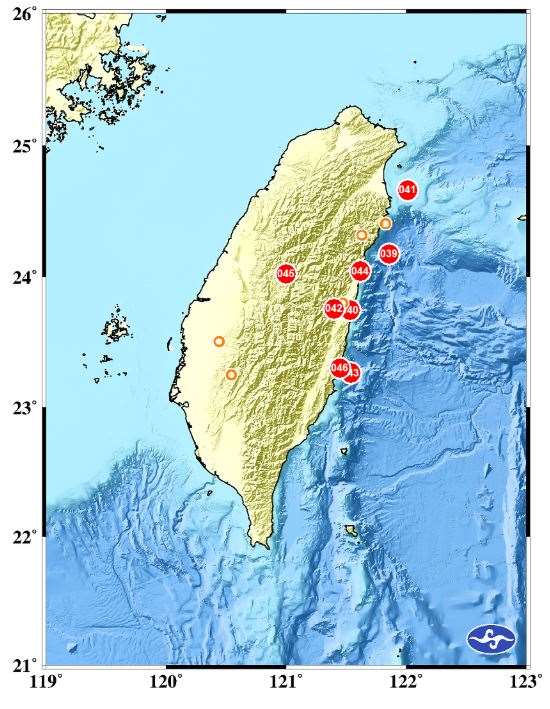 台東近海20日上午9時許接連發生2起規模4以上的地震，最大震度台東4級。(圖:交通部中央氣象署)