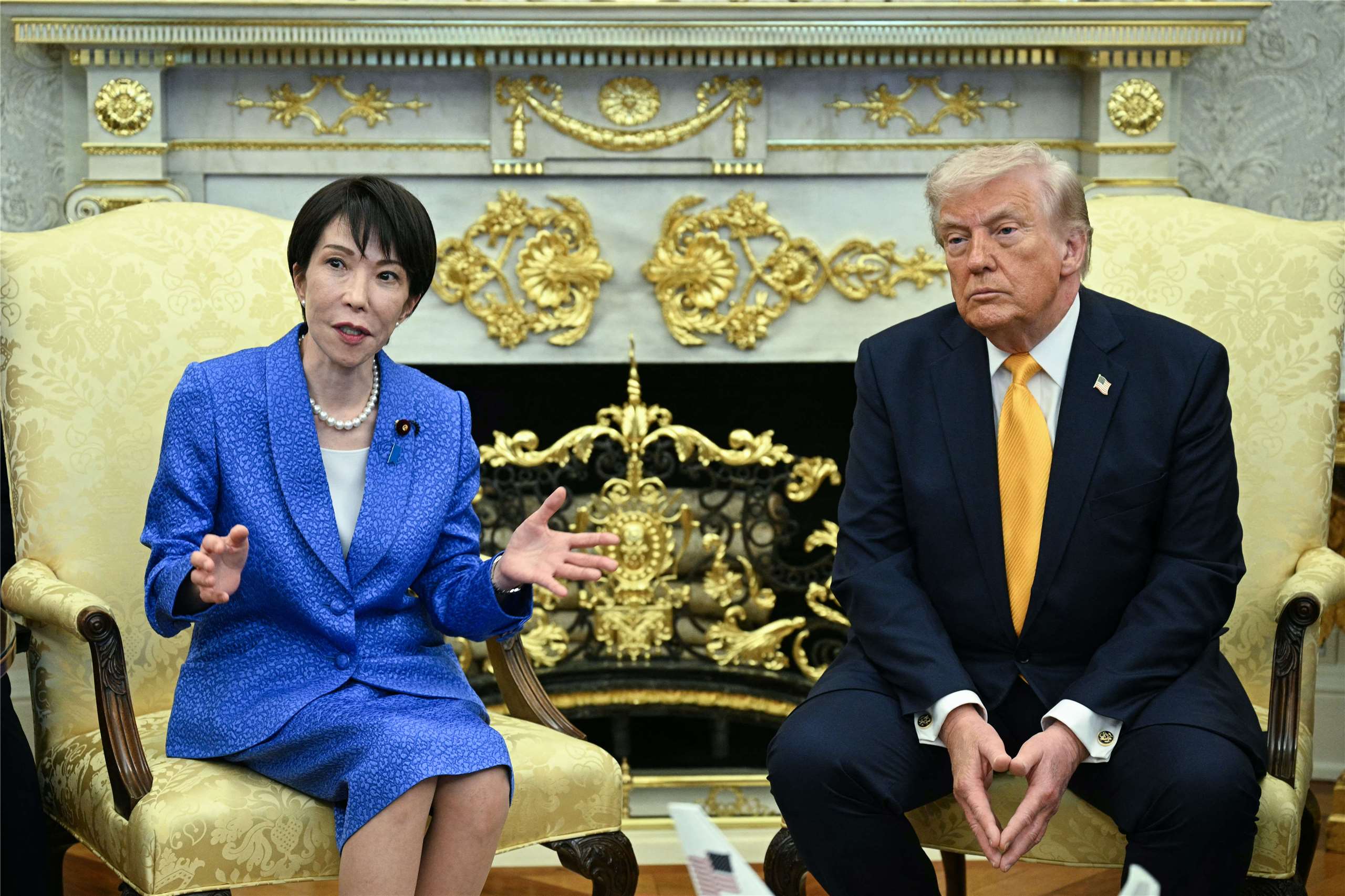 圖為日本首相高市早苗(左)今年3月在白宮會見美國總統川普(右)。(檔案照)