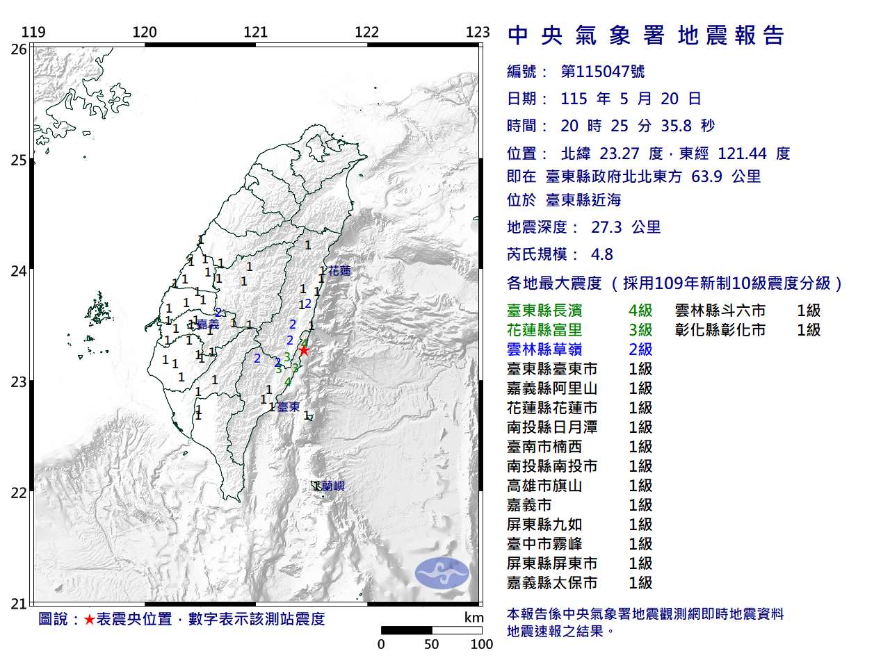 台東近海20日晚間8時25分發生芮氏規模4.8地震。(圖：氣象署)
