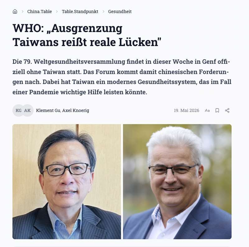 駐德大使谷瑞生（左）與德國國會資深議員克諾伊聯名投書知名德媒「論壇媒」(Table Media)呼籲支持台灣有意義參與WHO。截圖自Table Media官網