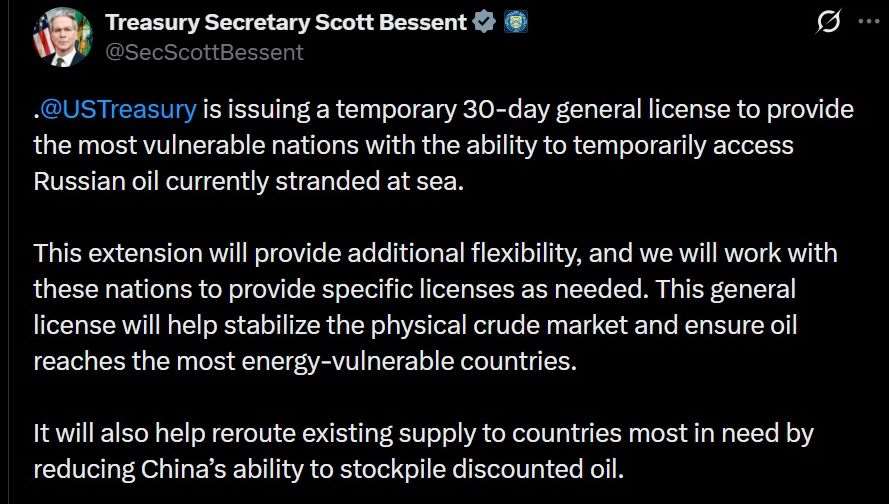 美國財政部長貝森特(Scott Bessent)18日宣布將對俄羅斯石油制裁豁免延長30天。 (圖:X@SecScottBessent)
