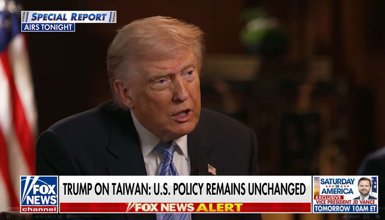 川普接受福斯新聞(Fox News)節目「拜爾特別報導」(Special Report with Bret Baier)訪問，提到台灣議題。(圖擷取foxnews.com)