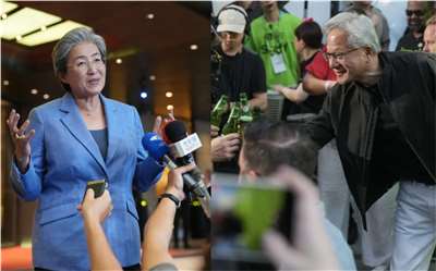 超微(AMD)執行長蘇姿丰(左)、輝達(NVIDIA)執行長黃仁勳(右)這兩天陸續提前抵台，提前引爆今年COMPUTEX最熱門的AI話題。(資料照片/中央社，央廣合成)