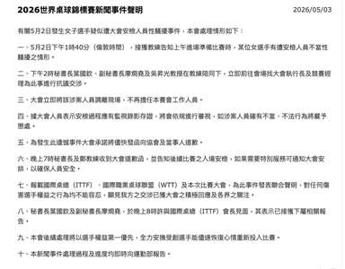 台灣選手參加2026年倫敦世界團體桌球錦標賽女子團體賽，在賽前安檢時遭不當肢體接觸、甚至疑似性騷擾一事。中華民國桌球協會3日在官網發布10點聲明。(擷取自中華民國桌球協會官網)