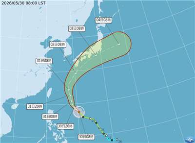 今年第六號颱風薔蜜的暴風圈，可能在6月1日到2日左右接近日本沖繩地區與奄美地區。 (圖:中央氣象署)