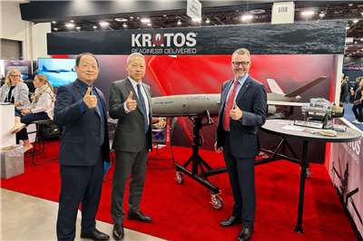 中科院赴美參加「2026 XPONENTIAL無人載具與自駕系統展」，其中與美商Kratos合作的「勁蜂四型」無人機成會場焦點。(中科院提供)