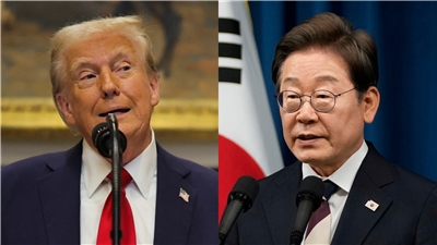 韓國總統府表示，總統李在明與美國總統川普通話，討論美中峰會成果。合成圖。