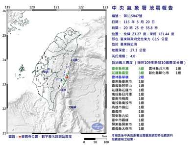 台東近海20日晚間8時25分發生芮氏規模4.8地震。(圖：氣象署)