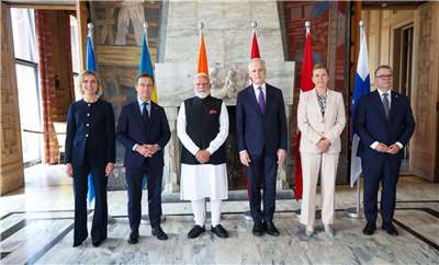 印度總理莫迪(Narendra Modi)18日到訪挪威，並於19日出席在奧斯陸(Oslo)舉辦的第3屆北歐印度高峰會(Nordic-Indian Summit)。 (圖:X@narendramodi)