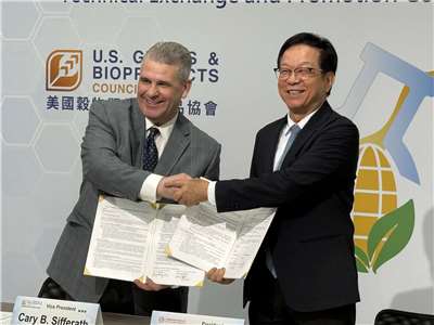 台糖董事長吳明昌(右)、美國穀物暨生質產品協會(USGBC)全球副總裁席福瑞斯(Cary Sifferath)(左)簽署「生質乙醇技術交流與推廣合作備忘錄」。(謝佳興 攝)