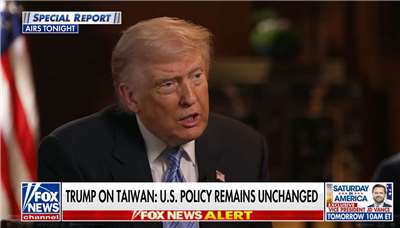 川普接受福斯新聞(Fox News)節目「拜爾特別報導」(Special Report with Bret Baier)訪問，提到台灣議題。(圖擷取foxnews.com)