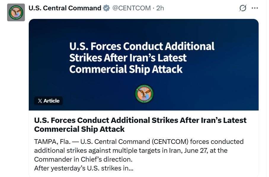 美軍中央司令部(CENTCOM)表示，美軍27日再次對伊朗目標發動空襲。 (圖:X@CENTCOM)
