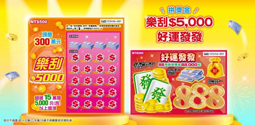 台彩2日推出2款刮刮樂新品「樂刮5000」與「好運發發」。(圖翻攝台灣彩券官網)
