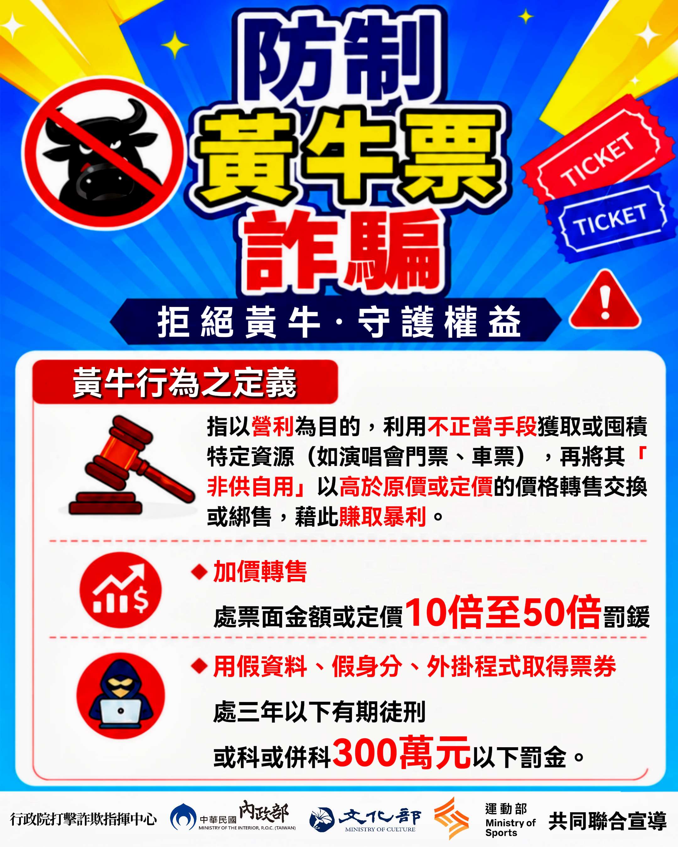 行政院打擊詐欺指揮中心提醒，近期熱門演唱會及體育賽事活動熱度持續升高，呼籲民眾防範黃牛非法加價轉售及購票詐騙。(圖：行政院提供)