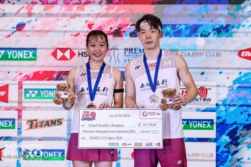 BWF超級300等級的美國羽球公開賽，29日混雙決賽上演台灣內戰，僅搭配第4場的劉廣珩（右）、許尹鏸（左）直落2過關，如願拿下2人合拍首勝。（BadmintonPhoto提供）