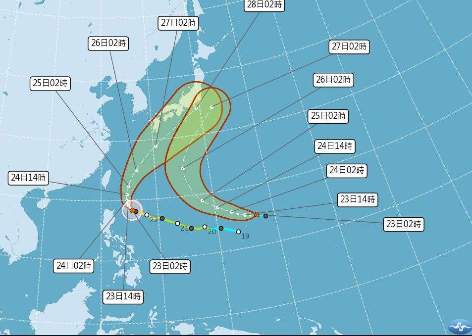 強颱米克拉23日凌晨2時中心位置在北緯18.3度，東經125.5度，以每小時9公里速度，向西北進行。中心氣壓925百帕，近中心最大風速每秒51公尺，七級風平均暴風半徑180公里。(圖:交通部中央氣象署)