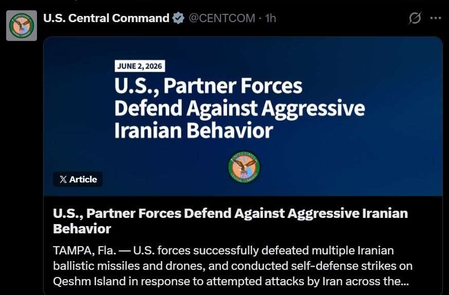 美國中央司令部(US Central Command)2日發表聲明指出，美軍已「成功擊退」伊朗在波斯灣的一系列飛彈與無人機攻擊。 (圖:X@CENTCOM)