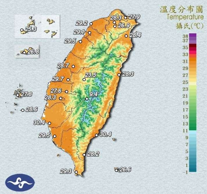 中央氣象署29日發布高溫資訊，天氣高溫炎熱，中午前後彰化縣、台南市為黃色燈號，注意36度以上高溫。( 圖:交通部中央氣象署)