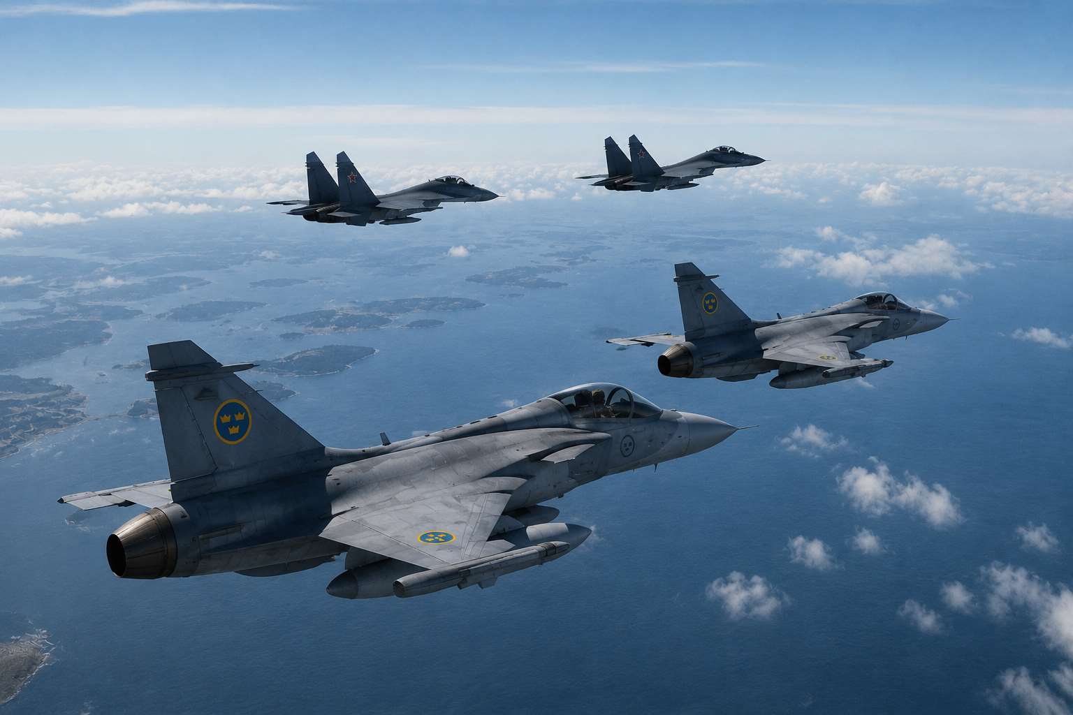 瑞典軍方13日聲明指出，2架俄羅斯軍機12日越過波羅的海，軍方偵查到它們的活動後，立刻派出4架獅鷲戰機前往攔截，同時北約的戰機也緊急升空。最終這2架俄羅斯軍機沒有進入瑞典領空。(示意圖/AI生成)