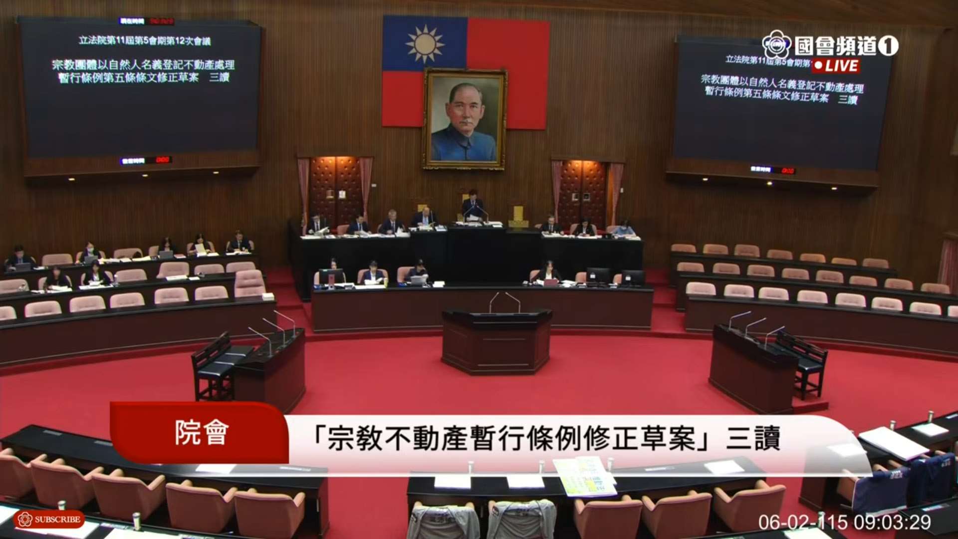 立法院2日三讀修正通過「宗教團體以自然人名義登記不動產處理暫行條例」第5條，通過申請期限由4年延長為6年。(翻攝國會頻道)