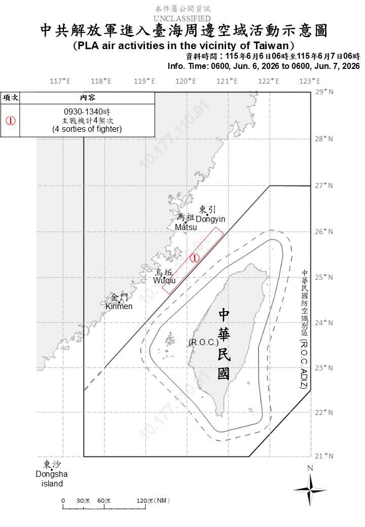 國防部今天(7日)發布共機艦統計自昨天上午6時起至今天上午6時止，共軍在台海周邊活動情況。(國防部提供)