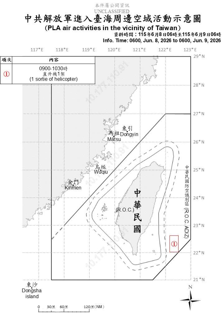 國防部發布共軍機艦動態，統計自8日上午6時起至9日上午6時止，國軍偵獲6艘共艦、9艘公務船，及1架共機侵擾東南空域。(圖:國防部)
