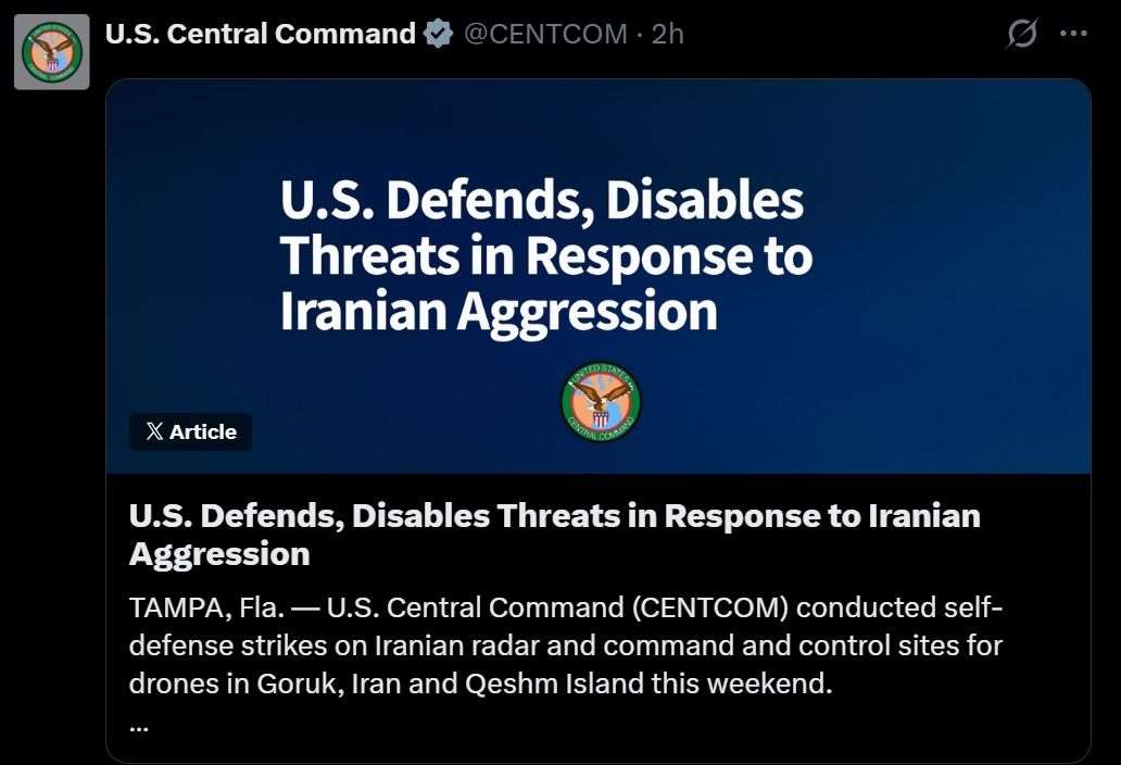 美軍中央司令部(CENTCOM)31日指出，美軍在剛過去的週末，在伊朗的戈魯克(Goruk)及葛希姆島(Qeshm Island)，對伊朗的雷達與無人機控制設施發動「自衛性打擊」。(圖:X@CENTCOM)