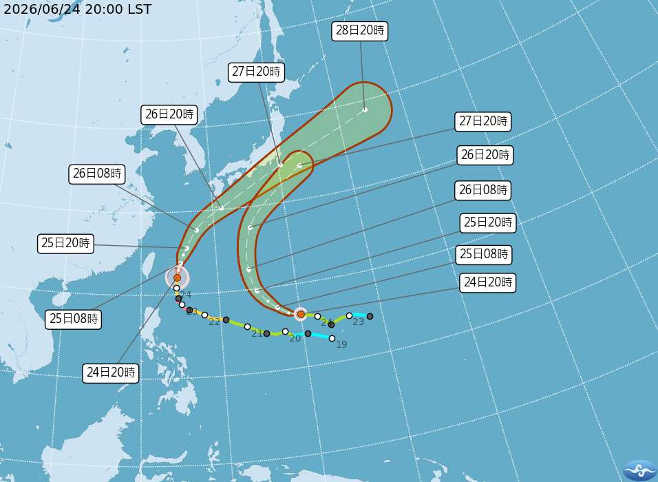 根據中央氣象署觀測，颱風米克拉24日20時的中心位置在北緯 22.1 度，東經 124.7 度，以每小時17公里速度，向北北東進行。(圖：氣象署)