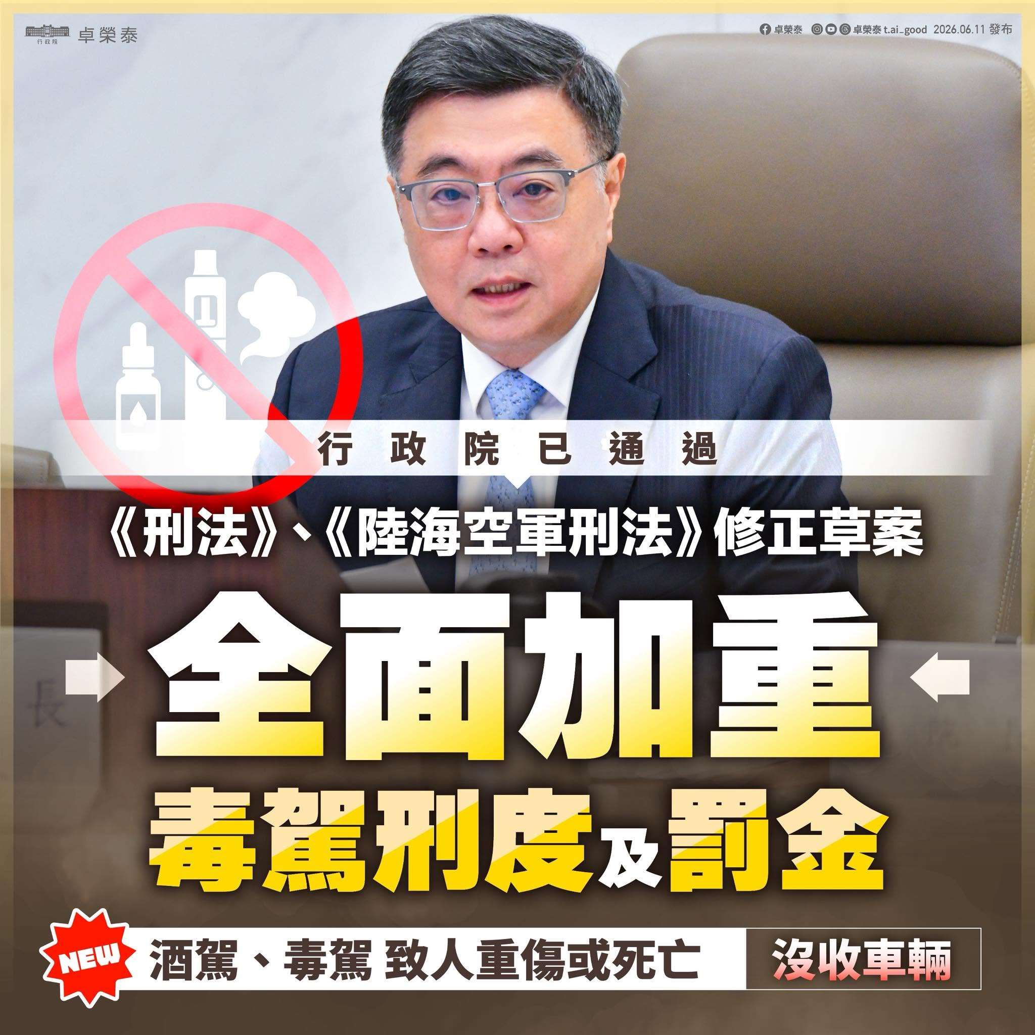 嚴查依托咪酯新興毒品，行政院通過《刑法》及《陸海空軍刑法》修正草案，全面加重毒駕刑度及罰金！(圖:行政院長卓榮泰臉書)