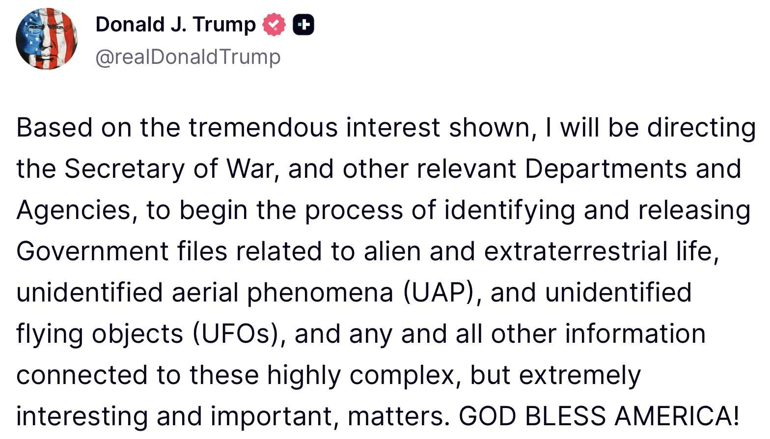 川普下令將公布UFO和外星人文件。 (圖:X@WhiteHouse)