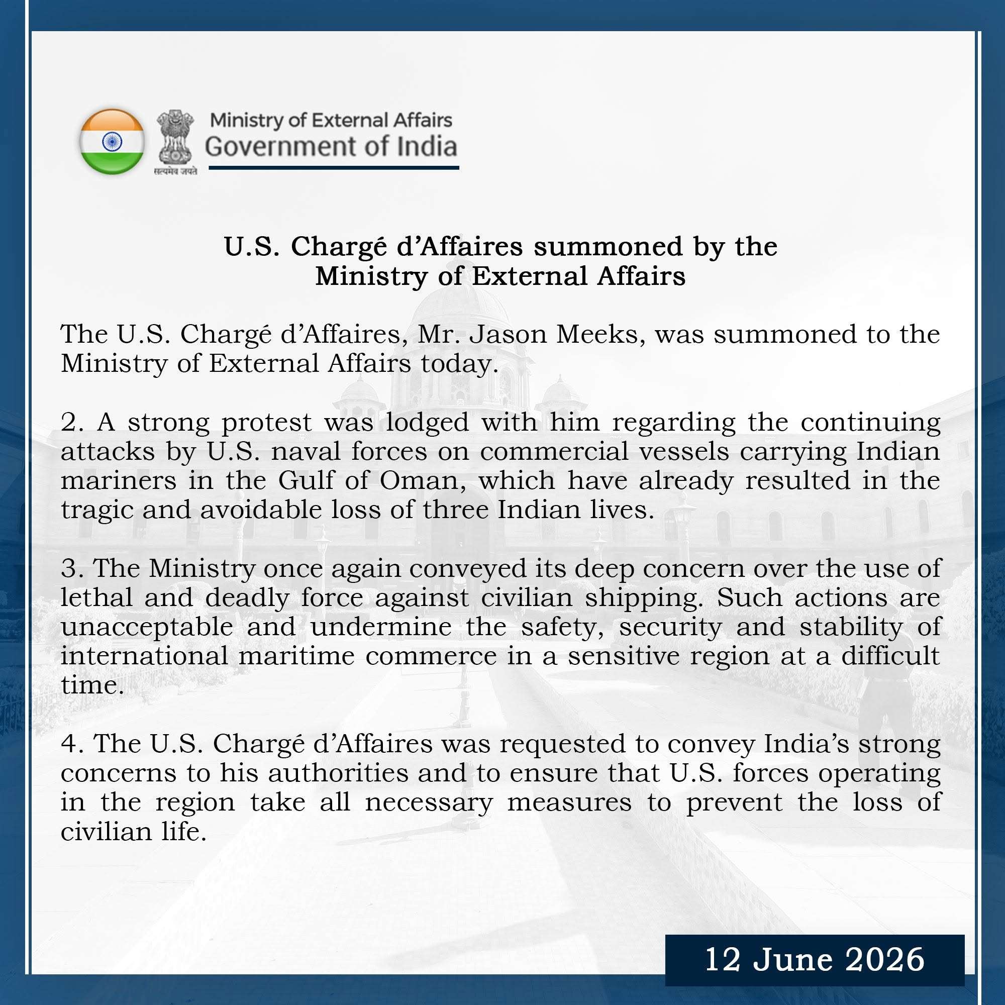印度外交部表示，已召見美國駐新德里副使節米克斯(Jason Meeks)，就「美國海軍持續攻擊載有印度海員的商業船舶」提出「強烈抗議」。 (圖:取自FB/MEAINDIA)