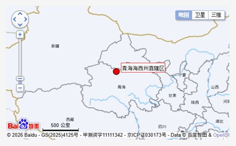 中國青海省16日發生極淺層地震，中國地震台網中心通報地震規模6.3，震央位於高海拔的海西州，震源深度僅10公里。(圖翻攝中國地震台網)