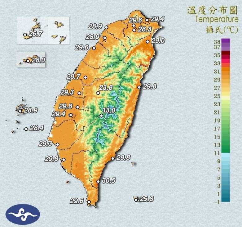 中央氣象署3日針對北北桃、彰化以南及花東地區發布高溫資訊，3日、4日兩天台灣晴熱，5至12日將進入梅雨旺盛期，須慎防致災性降雨。(圖:交通部中央氣象署)