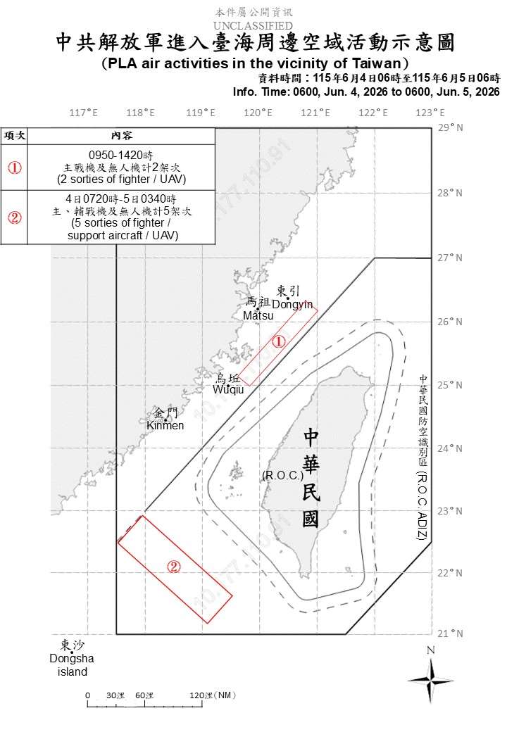 國防部公布自昨天(4日)上午6時至今天(5日)上午6時，共軍在台海周邊活動情況。(國防部提供)