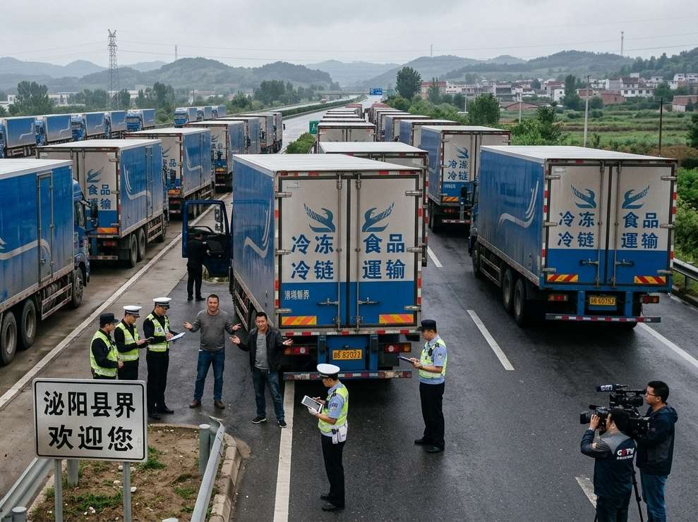 中國2025年發生21輛載運冷凍食品的貨車離奇開往河南省泌陽縣，並遭罰款及查扣的上下多方勾結弊案。(示意圖/AI生成)