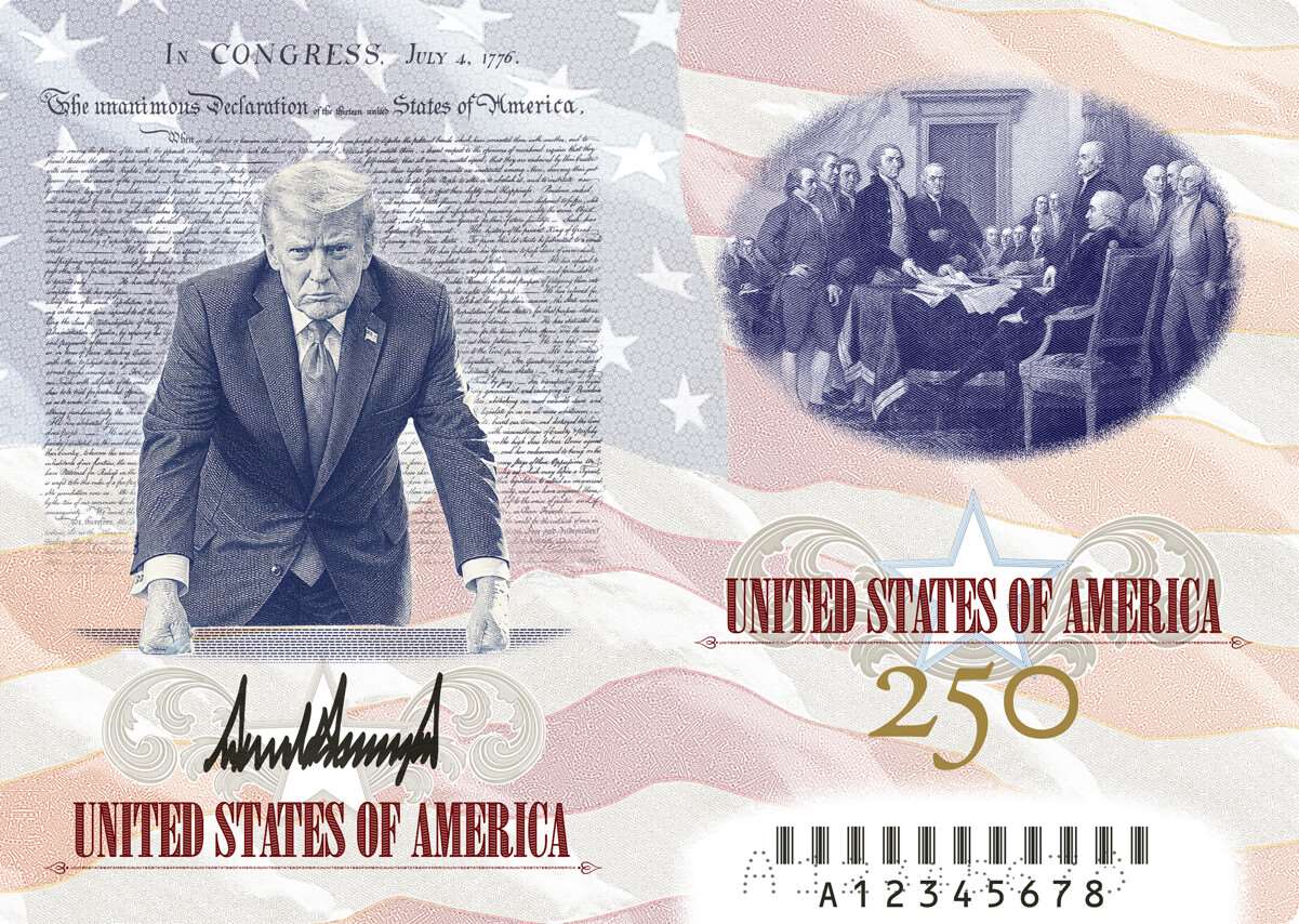 美國總統川普26日公布慶祝獨立250週年的限量版護照設計圖。(Truthsocial/@realDonaldTrump)