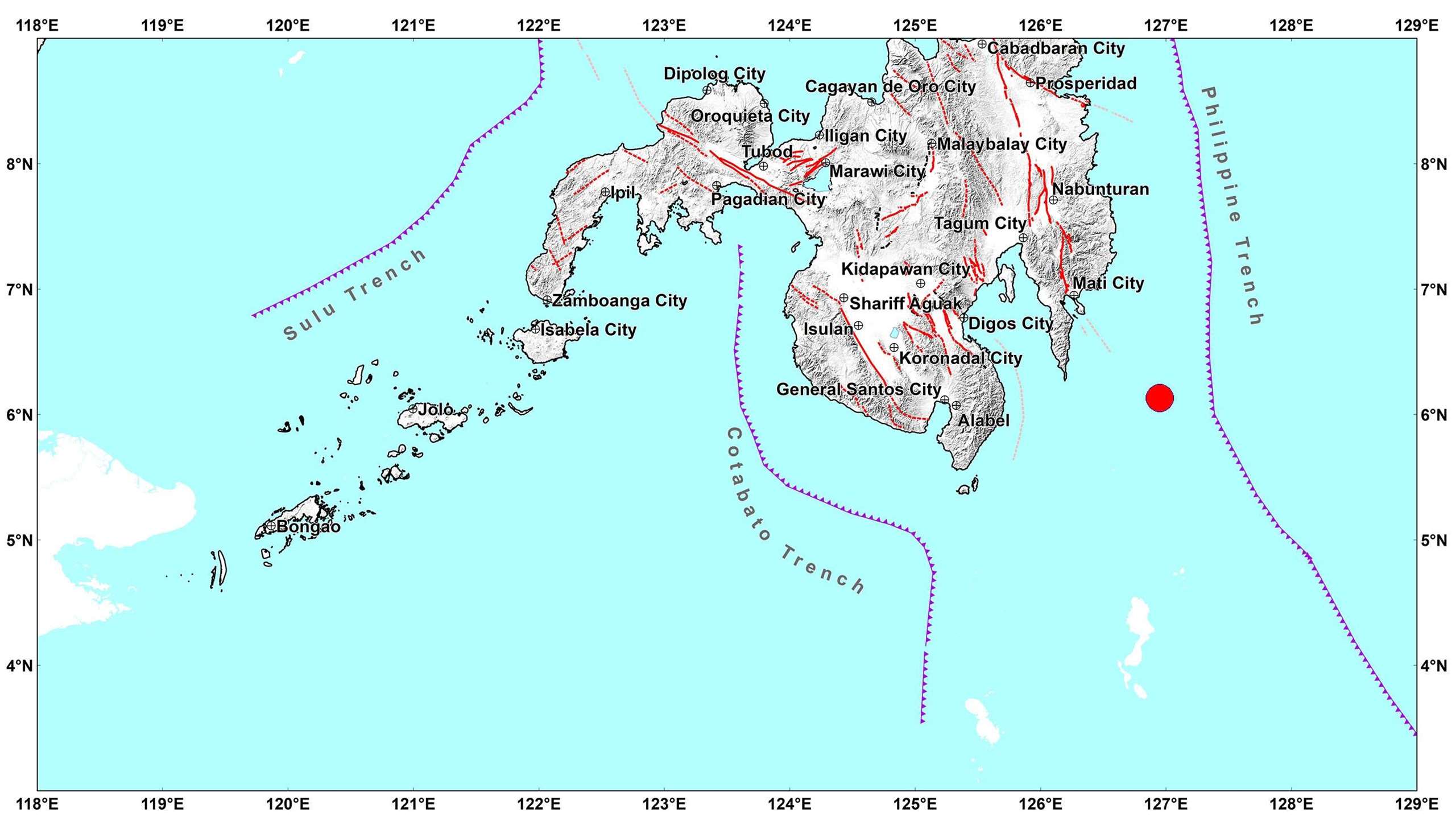 菲律賓南部近海15日發生規模6.6強烈地震，震源深度約86公里，預計不會造成災情。(圖：PHIVOLCS)