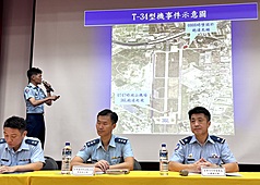 空軍T-34型教練機2日訓練時墜毀，造成2名飛行員殉職。空軍飛訓部基本組組長陳韋銘上校（後）下午於
記者會說明事故經過。圖前右為空軍司令部少將督察長江義誠。