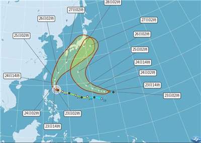強颱米克拉23日凌晨2時中心位置在北緯18.3度，東經125.5度，以每小時9公里速度，向西北進行。中心氣壓925百帕，近中心最大風速每秒51公尺，七級風平均暴風半徑180公里。(圖:交通部中央氣象署)