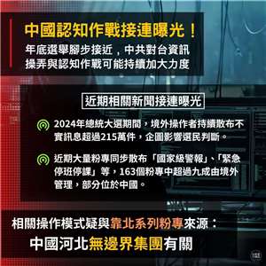 民進黨中國事務部28日說，隨著年底選舉腳步接近，中共對台資訊操弄與認知作戰也可能持續加大力度。(圖:取自FB/民進黨中國部)