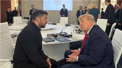 烏克蘭總統澤倫斯基(Volodymyr Zelensky)16日在G7峰會，與美國總統川普(Donald Trump)短暫會談。 (圖:X@ZelenskyyUa)