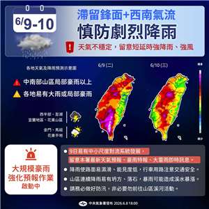 中央氣象署今天(8日)晚間表示，滯留鋒面及西南氣流影響，明天(9日)及10日各地易有大雨及局部豪大雨。(圖 : 中央氣象署臉書)